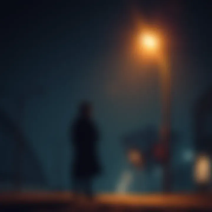 A sad hero standing alone under a streetlight, looking longingly at a distant silhouette of a loved one.