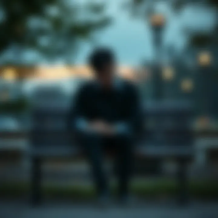 A person sitting alone on a park bench, looking down with a sad expression, symbolizing heartbreak and emotional pain.