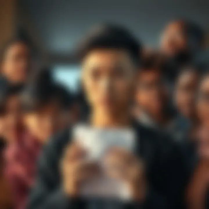 A person with a concerned expression, holding a piece of paper, symbolizing a heartfelt apology, surrounded by supportive community members, reflecting empathy and understanding.