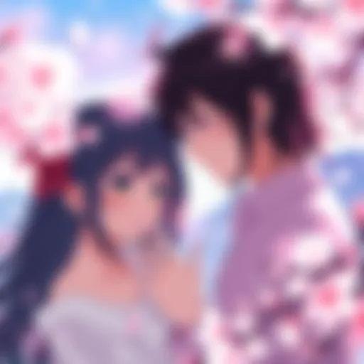 Two characters in a romantic setting, their expressions show deep emotion and connection, amidst a backdrop of soft colors and cherry blossoms