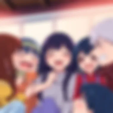 Heartwarming anime characters laughing and crying together A group of anime characters sharing a moment of laughter while some have tears in their eyes, symbolizing a mix of joy and sadness in their story