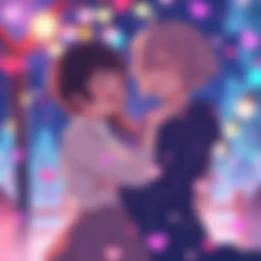 Heartwarming Anime Scene A couple sharing a joyful moment in a fantasy setting, surrounded by magical elements and vibrant colors, evoking feelings of love and happiness.