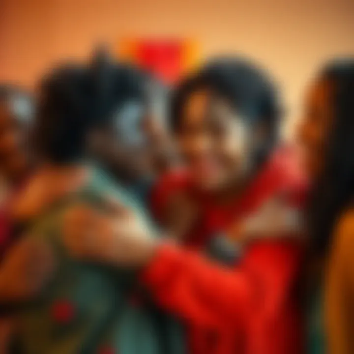 A group of diverse people embracing and sharing smiles, conveying a sense of love and kindness among them.