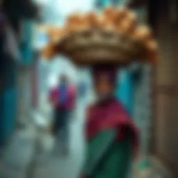 A person balancing a large basket on their head while walking, showcasing the traditional practice of carrying loads