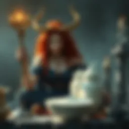 A depiction of Hecate beside a bowl of Greek yogurt, with ingredients and symbols representing Pyrrha and Neo in the background.