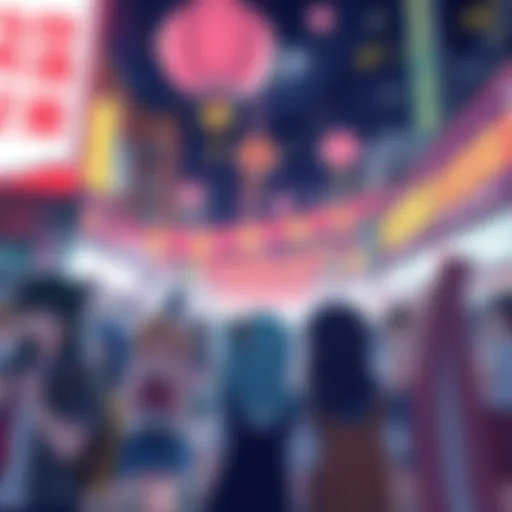 A lively scene at Hecatia with fans celebrating the 21st Touhou vote, showcasing colorful banners and joyful expressions.