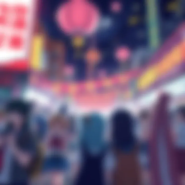 A lively scene at Hecatia with fans celebrating the 21st Touhou vote, showcasing colorful banners and joyful expressions.