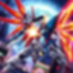 Heero Yuy in Wing Gundam and Zechs Marquise in Epyon Gundam facing off in an intense duel.