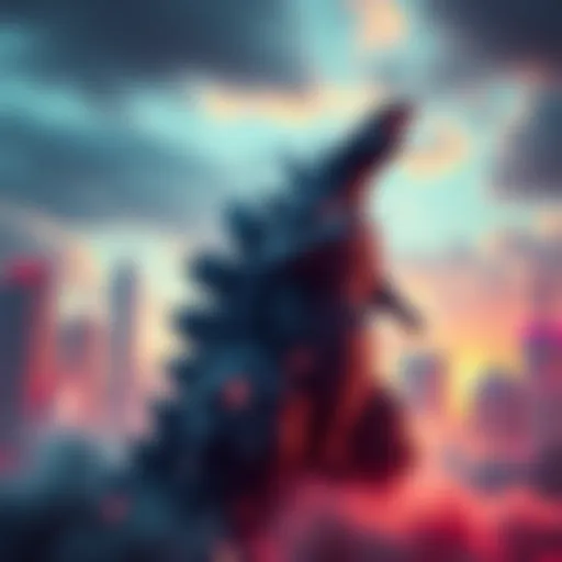 Heisei Godzilla stands tall, roaring amidst a city skyline, showcasing its iconic design and presence