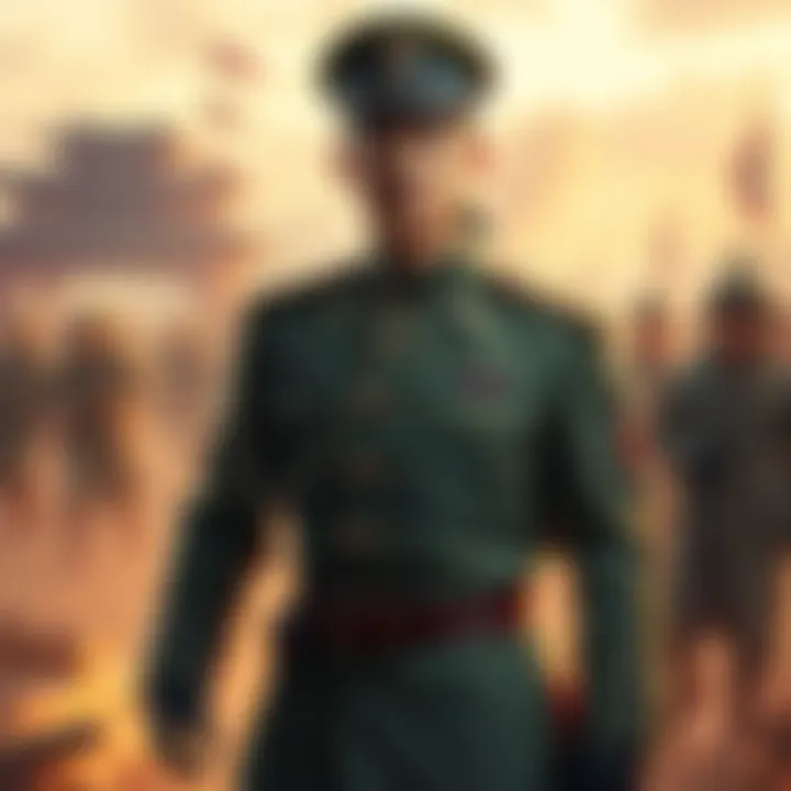 Heki stands confidently in his military uniform, showcasing insignia that marks his recent promotion to General, with a backdrop of a battlefield during the Western Zhao Invasion.