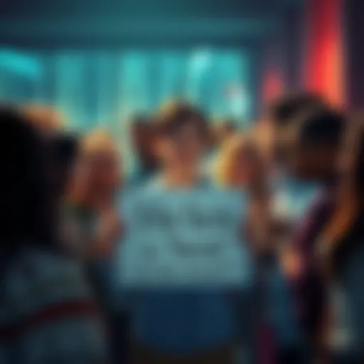 A diverse group of people discussing their favorite characters, with one person holding a sign that says 'Helen is the best!'
