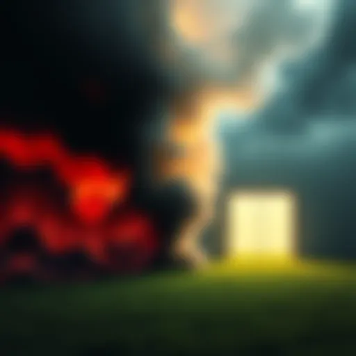 A dark and surreal scene showing a shift from a fiery Hell landscape to a bright, grassy room resembling the Backrooms. The contrast highlights eerie locations and unsettling transitions.