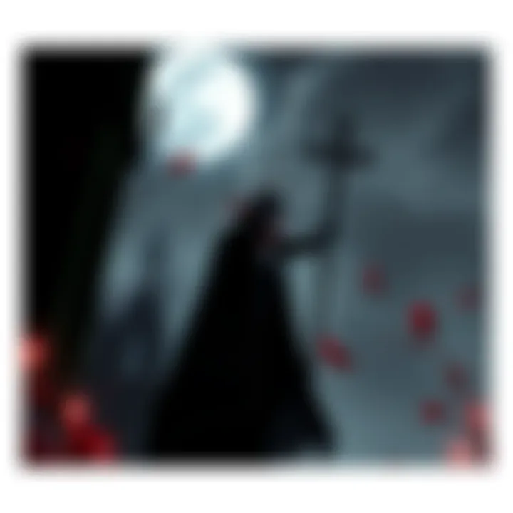 A dark and moody scene featuring a vampire with a cape, holding a cross in one hand, surrounded by gothic architecture and a full moon, symbolizing the Hellsing franchise's themes.