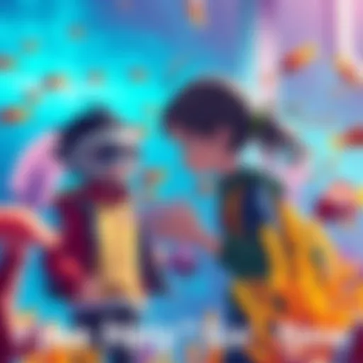 A character pretending to help fish while Robin and Nami watch in a vibrant background