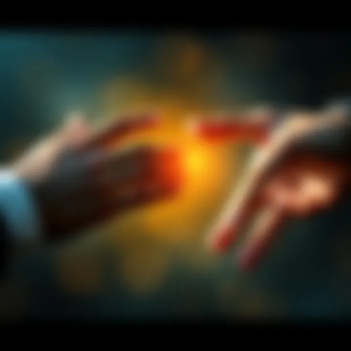 Two hands reaching out to each other, symbolizing support and assistance during tough times.