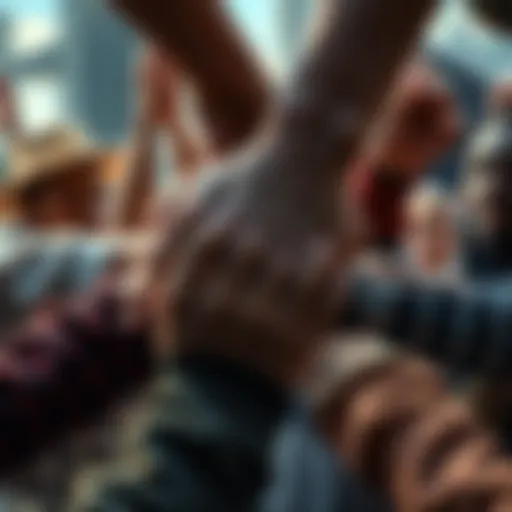 Helping Hands A diverse group of people supporting each other in a challenging situation, showcasing kindness and solidarity