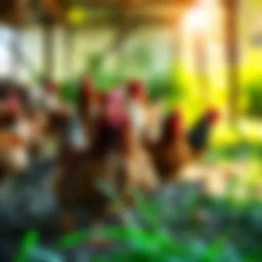 A group of hens roaming freely in a vibrant farm environment, showcasing their importance in agriculture and local economies.