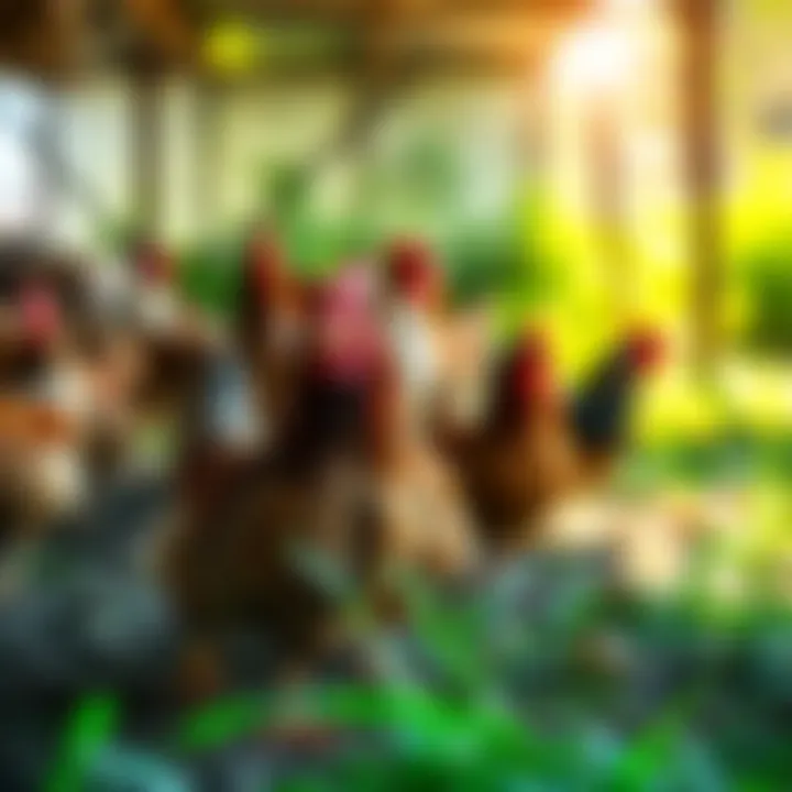 A group of hens roaming freely in a vibrant farm environment, showcasing their importance in agriculture and local economies.