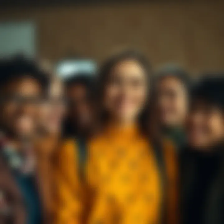 Henya, a young woman with brown hair, smiles happily surrounded by her diverse group of friends, showcasing their supportive connections.