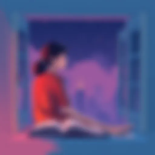 A woman sitting pensively by a window, looking out with a thoughtful expression, surrounded by open books and notes, symbolizing introspection and deep thought.