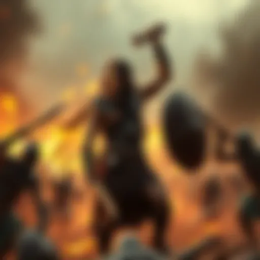 Heracles, a strong fighter, stands confidently amidst a fierce battle in the Record of Armageddon, showcasing resilience and strength against overwhelming odds.