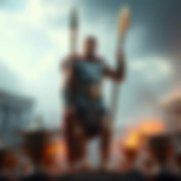 Heracles stands confidently, wearing his armor and holding a club, surrounded by trophies from his victories in the tournament, reflecting his strong character and moral choices.