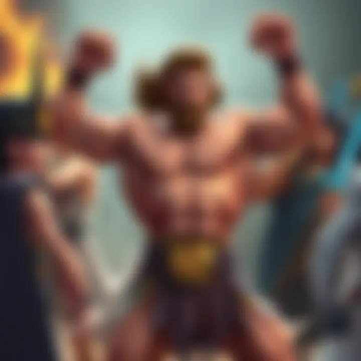 Hercules flexing his muscles confidently while facing off against various fantasy characters.