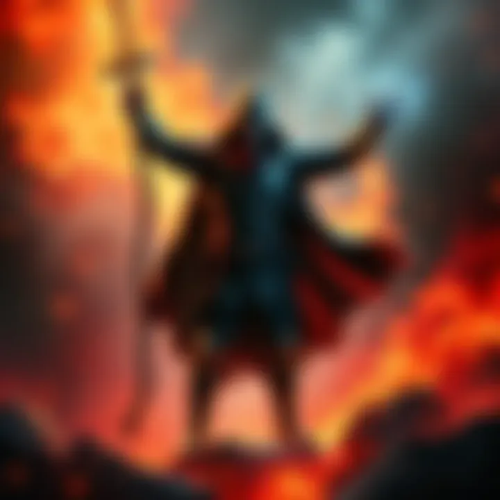 A brave hero stands triumphantly in a fiery backdrop, embodying courage and adventure.