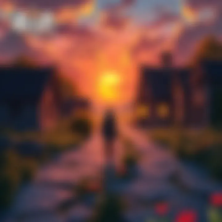 A hero walking back towards their village with a sunset in the background, reflecting on their journey