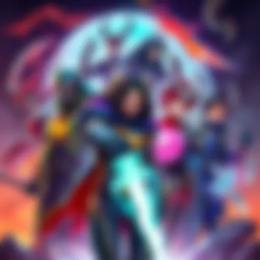 Colorful illustration of various heroes and villains, showcasing different character designs and styles, inspiring creativity in a fantasy setting.