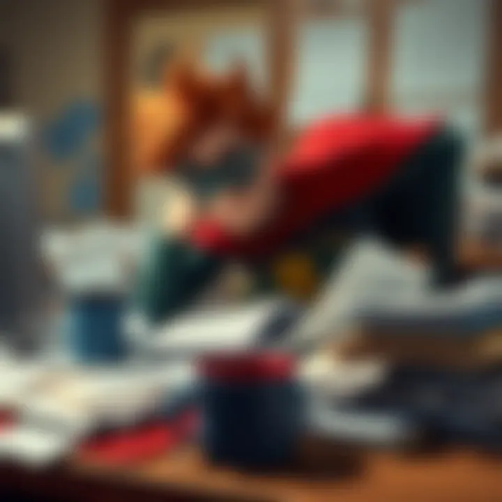 A beloved childhood hero sitting at a cluttered desk, surrounded by paperwork and a coffee cup, looking tired and overwhelmed.