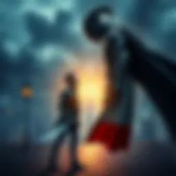 Hero confronting a villain A hero stands confidently before a powerful villain, showcasing the tension between them regarding a decision not to execute him, with a city skyline in the background.