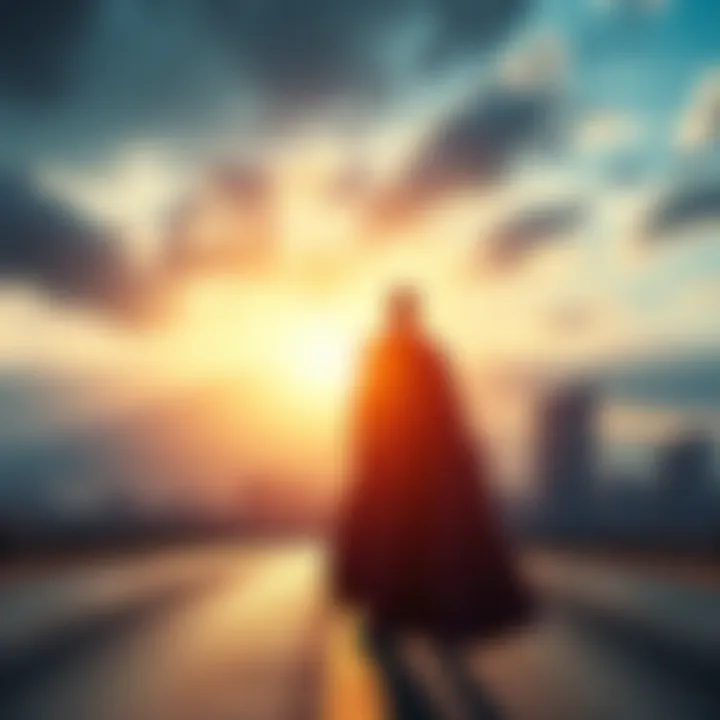 A superhero stands at a crossroads, contemplating a choice that will affect their community, with a city skyline in the background.