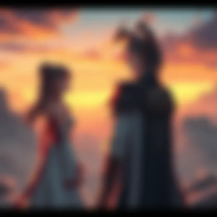 Hero Girl and Demon Lord Part Ways The Hero Girl and Demon Lord stand apart, looking back at each other with expressions of sadness and determination, in a fantasy landscape filled with mountains and a twilight sky.