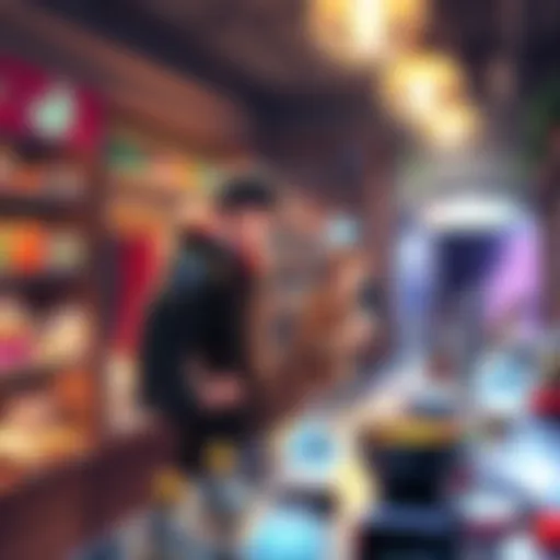 Hero Managing a Shop A fantasy hero standing behind a shop counter filled with magical items, looking busy as customers browse.