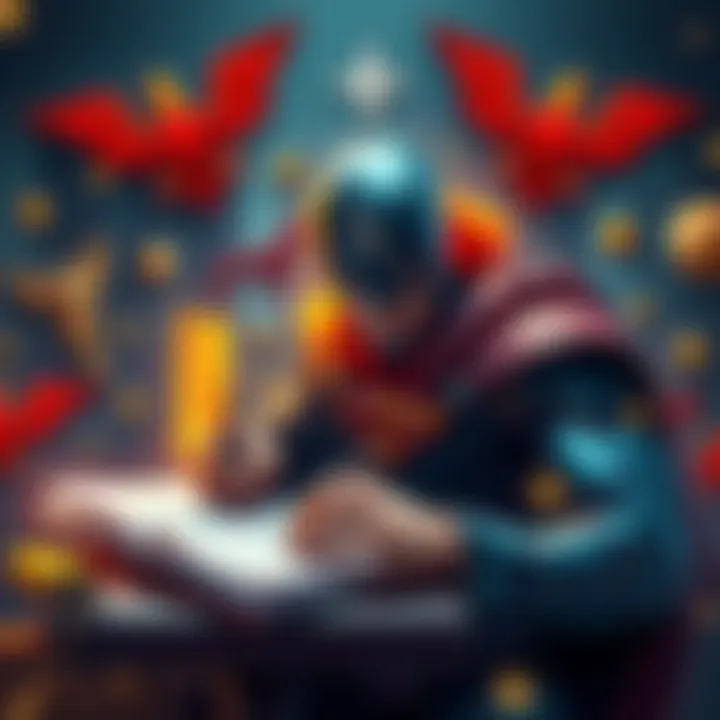 A hero in a cape diligently writing notes about fellow heroes in a notebook, surrounded by symbols of heroism and bravery.