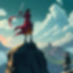 A lone hero stands on a cliff overlooking a village in turmoil, symbolizing hope and determination amid challenges.