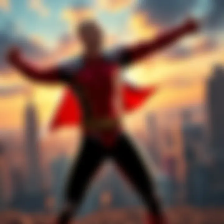 A character stands confidently in a heroic pose, embodying the spirit of One Punch Man, with a city skyline in the background.