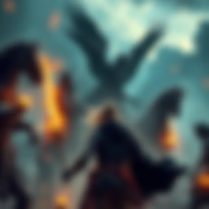 A brave hero faces off against four distinct horsemen sisters, each representing a different challenge, in a dramatic battle scene