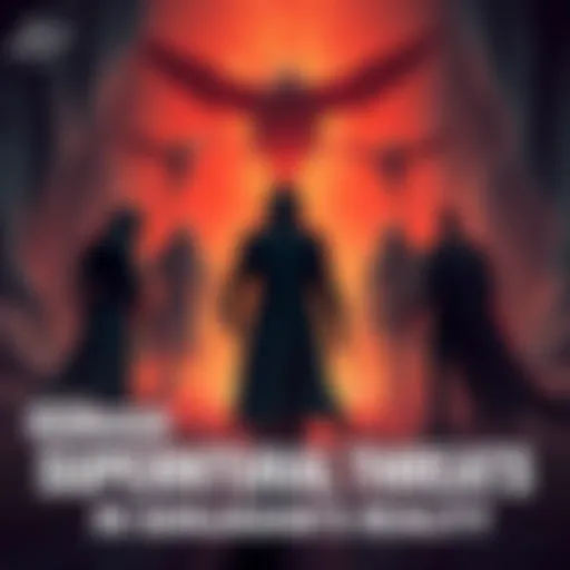 A group of heroes faces shadowy figures representing secret organizations in a dark, supernatural setting