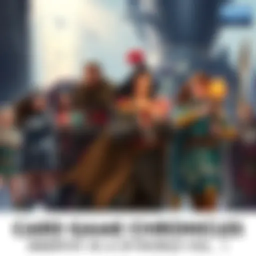 A group of diverse heroes standing together, ready to face challenges in a fantasy world threatened by destruction, holding cards and looking determined.