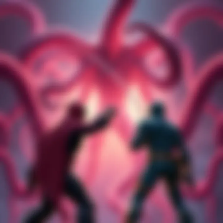 Two heroes prepare to battle a villain with many tentacles in an intense scene