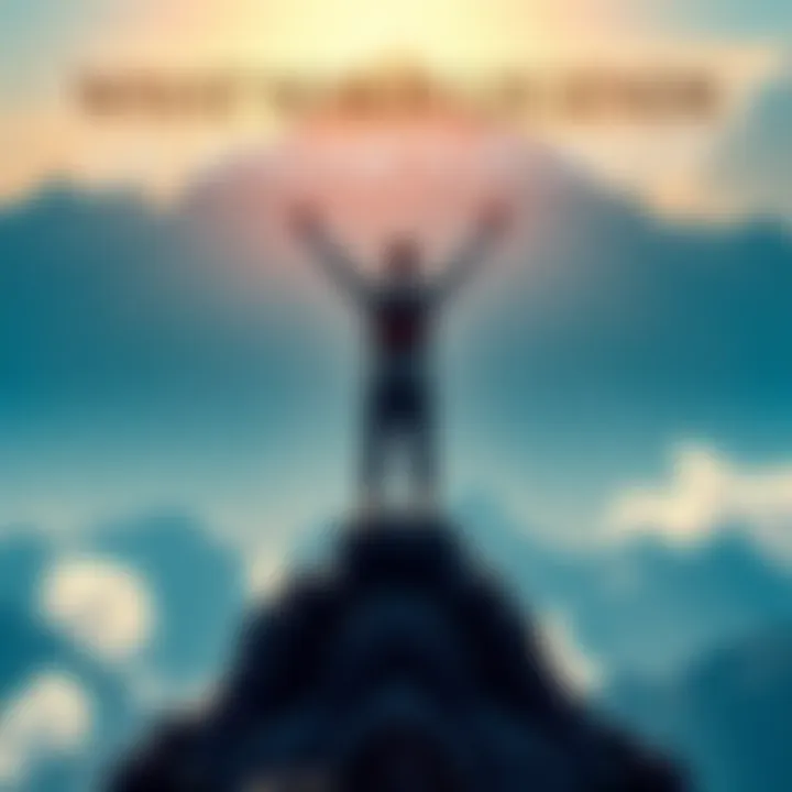 A person standing on a mountain peak, with arms raised in triumph, symbolizing achievement and inspiration.