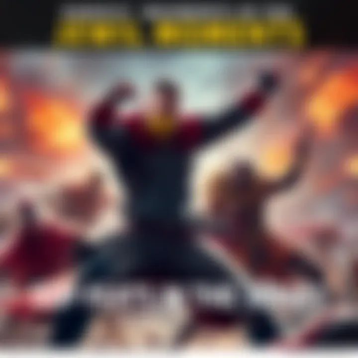 A character striking a powerful pose during a critical battle scene, showcasing bravery and determination.