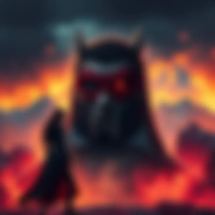 A powerful villain stands in a dark mountain setting, while a determined heroine approaches him with a challenging gaze, highlighting their tense past relationship.