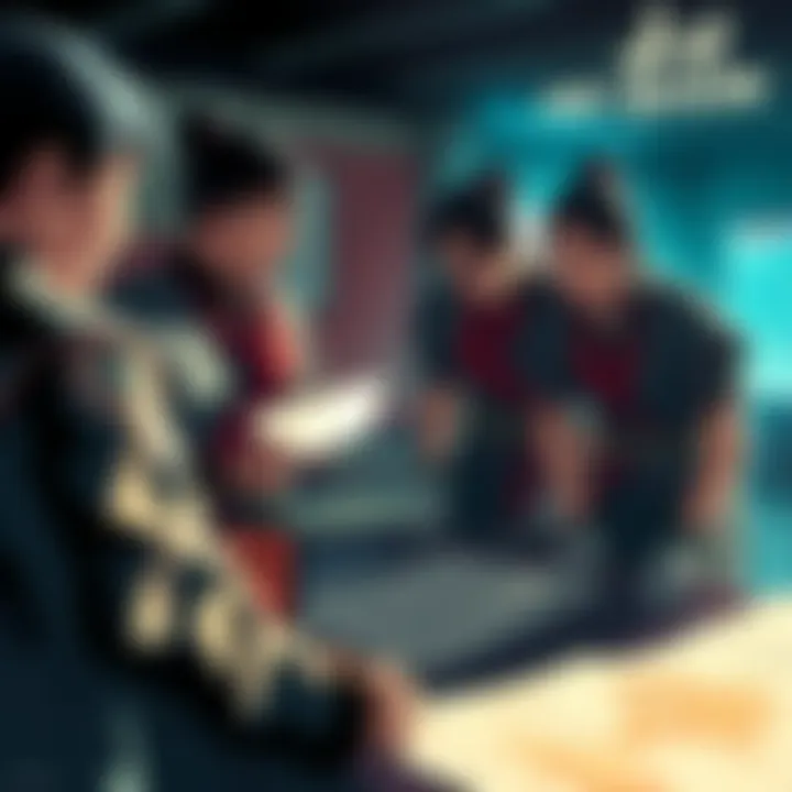 Members of the Hi Shin Unit discussing battle plans, with maps and tactical diagrams in front of them.