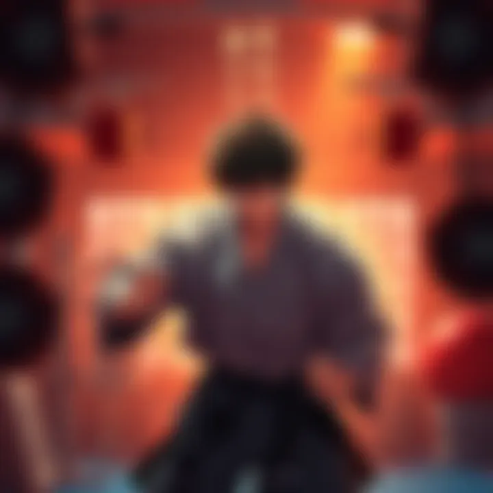 Hibari showcasing his strength during an intense training session, surrounded by equipment and focused on his techniques.