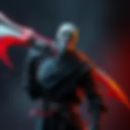 Hidan and His Scythe Hidan, a character with a twisted grin, stands proudly with his large, menacing scythe resting on his shoulder in a dark atmosphere.
