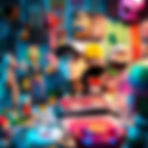 A collection of various character merchandise such as figures, stickers, and apparel displayed together, hinting at a beloved favorite character.