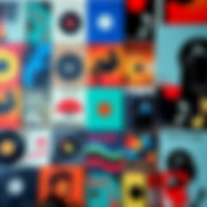 A collage of lesser-known music album covers with vibrant colors and abstract designs, representing hidden music gems.